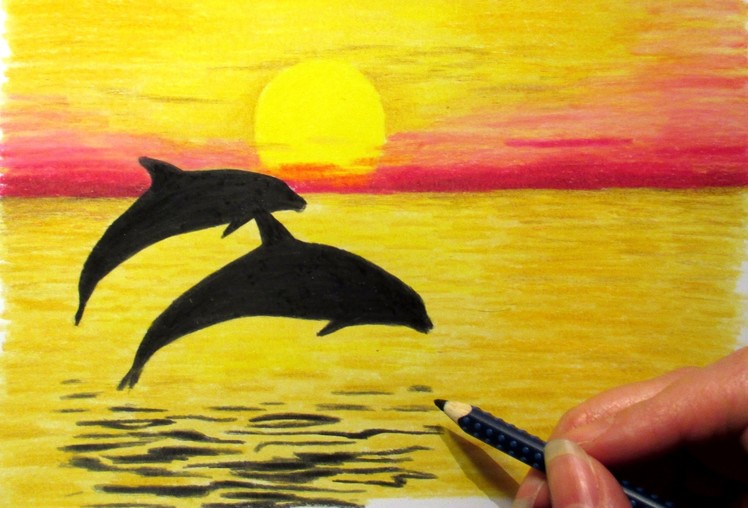 Landscape in colored pencil: Sunset and 2 dolphins