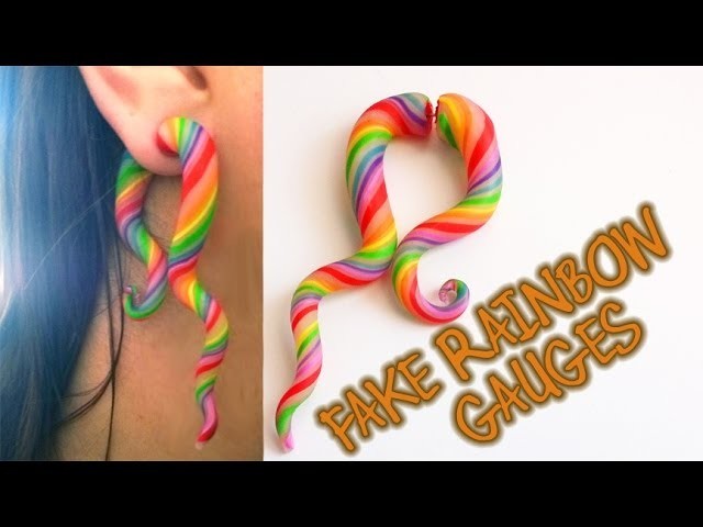 RAINBOW SWIRL *Fake Stretched Ear* Large Gauge Earring Polymer Clay Tutorial