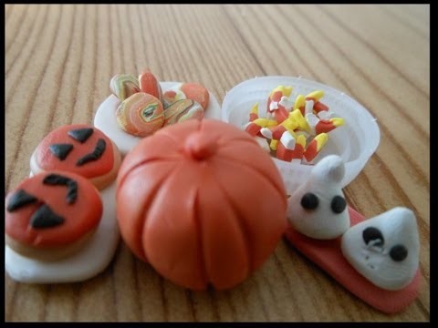 How to make doll Halloween treats:food miniature, polymer clay, pumpkin, candy