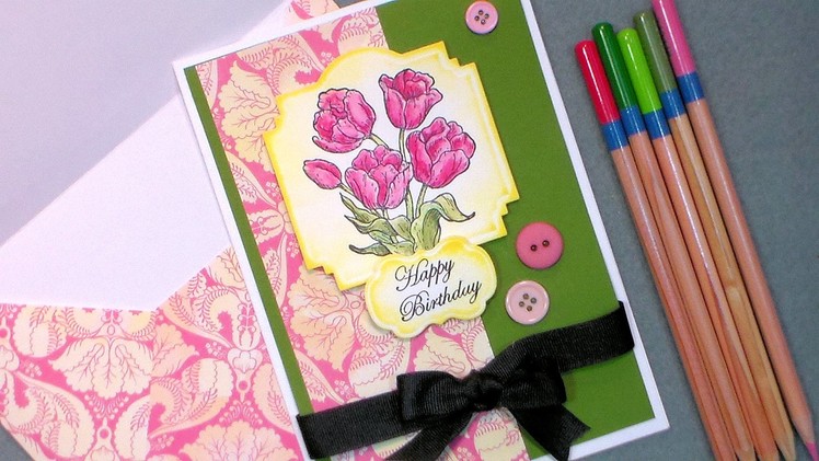 Tulip Happy Birthday Card with Cheap Watercolor Pencils & Paper!
