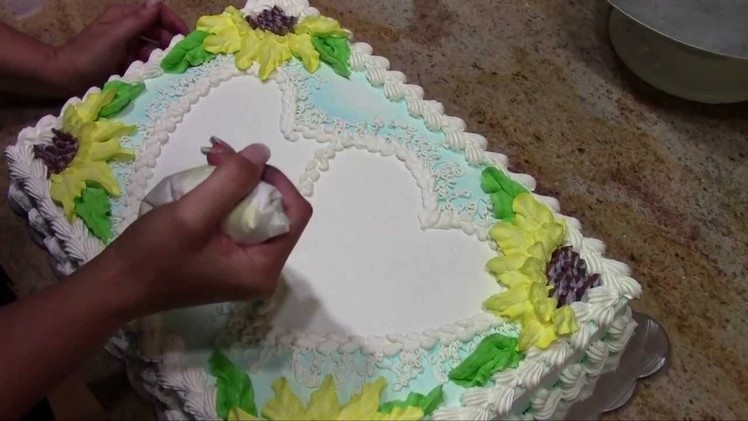 Sunflower Sheet Cake- with Stencils- how to- Cake Decorating