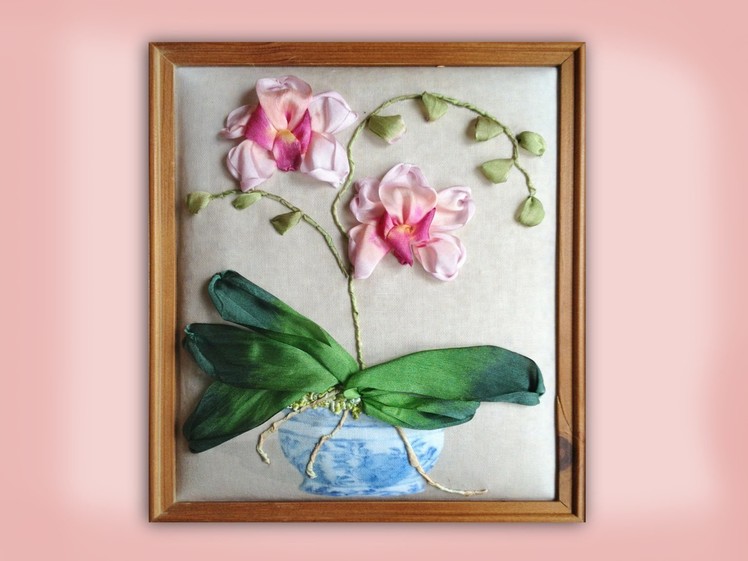 How to embroider a silk ribbon orchid in blue and white pot