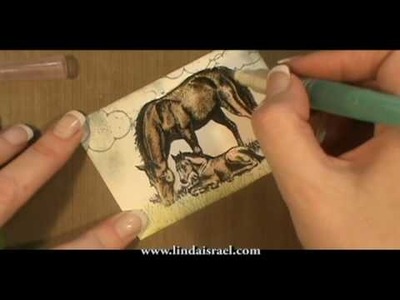 How to use Stamps and Water Color Pencils for Farm Animals. Horse ATC