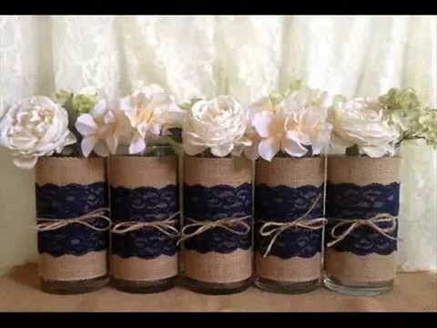 Rustic wedding mason jar vases candles burlap and lace centerpieces