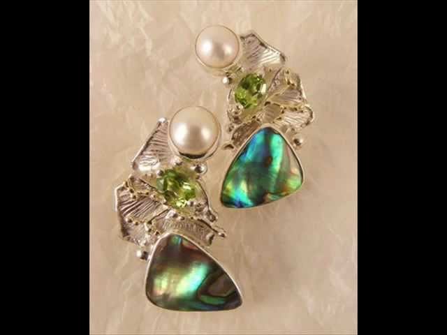 Art jewelry, designer jewelry, earrings, abalone, peridot, gold