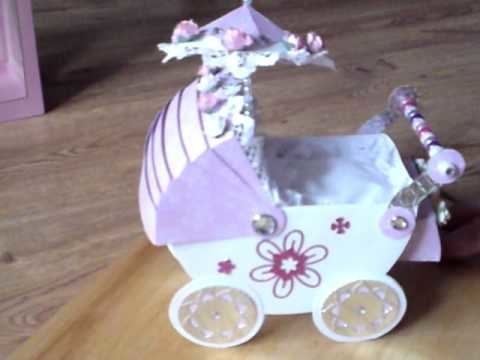 HANDMADE CARD BEAUTIFUL 3D BABY PRAM COMPLETE WITH PILLOW.QUILT & BOX