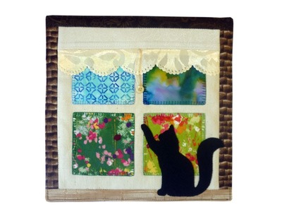Mini quilt cat in window with FREE PATTERN by Lisa Pay