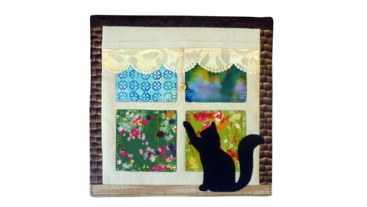 Mini quilt cat in window with FREE PATTERN by Lisa Pay