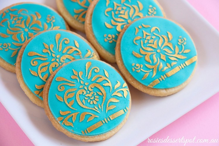 Easy cookie decorating using stencil and chocolate ganache
