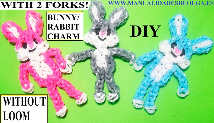 BUNNY.RABBIT CHARM With two forks without Rainbow Loom Tutorial. (Mini Figurine)