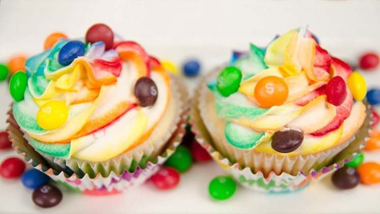 Skittles Cupcakes with Rainbow Icing from Cookies Cupcakes and Cardio