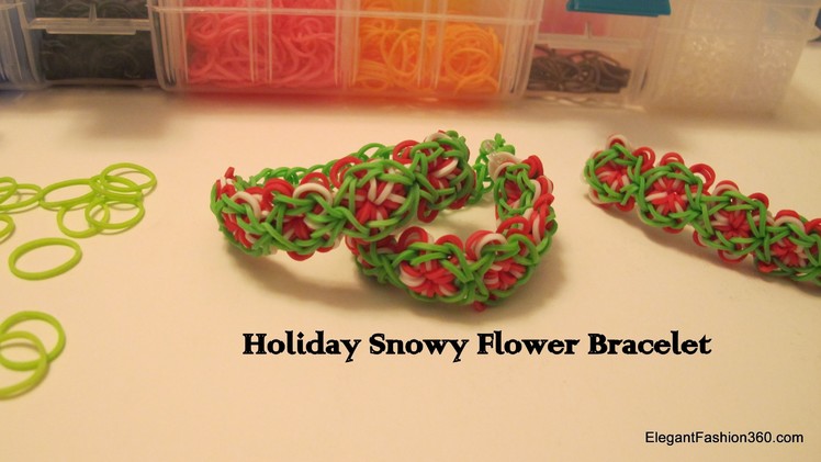 How to make holiday Christmas Snowy Flower bracelet on rainbow loom
