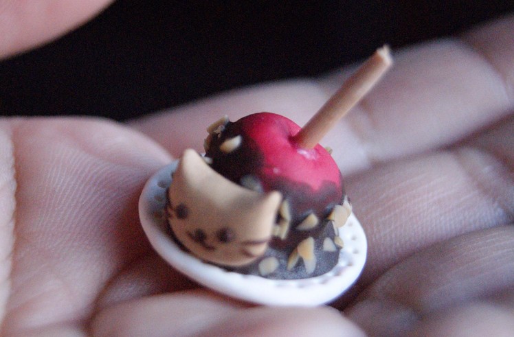 Nyanko Kitty on Chocolate-dipped Apple with Nuts: Polymer Clay (HALLOWEEN)