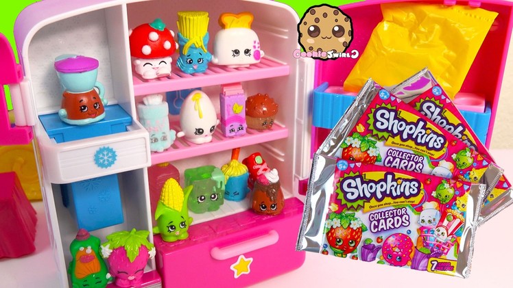 Shopkins Collector Cards 3 Packs & Unboxing 12 Pack with 2 Blind Bags in So Cool Fridge Toy Video