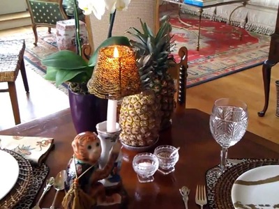 Table setting for Pad Thai dinner with baked pineapple