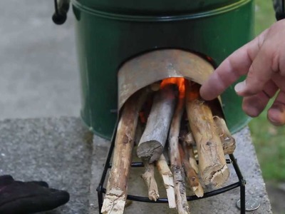 How to light a StoveTec Rocket stove with twigs and paper demonstration by Jimbo Jitsu