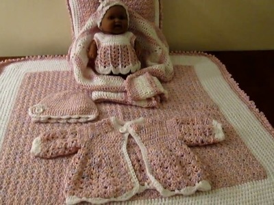 Crochet baby  layette, baby blanket, pillow, sweater, hat and dollie for baby