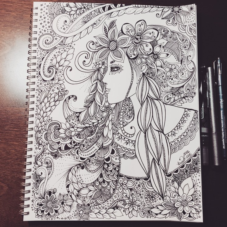 Zentangle inspired woman doodle - flowers