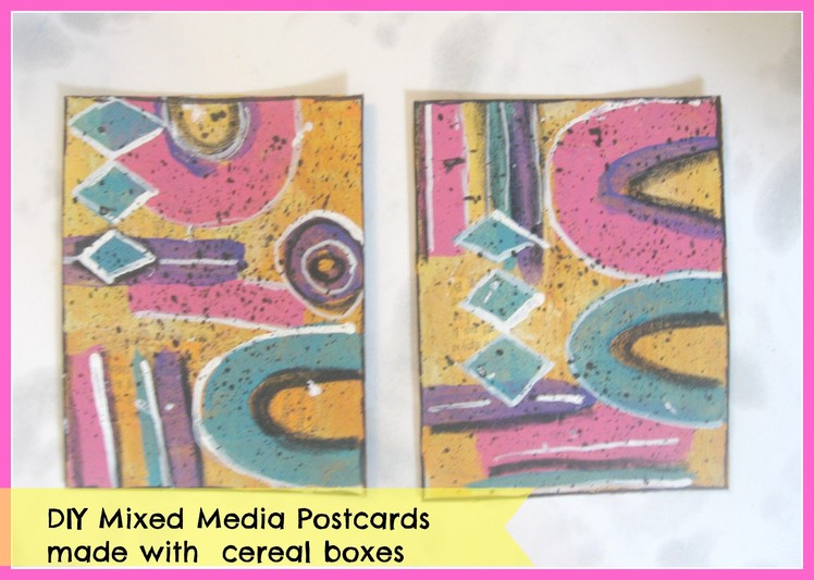 How make  handmade postcards made with cereal boxes. DIY Mixed Media Postcards