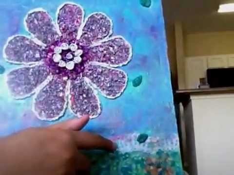 Mixed media painting reusing everyday home decor items and
