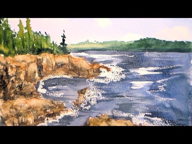 Coastal landscape one brush watercolor tutorail