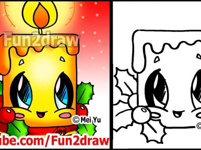 How to Draw Christmas Pictures - Candle + Holly Decoration - Fun2draw Easy Cartoons