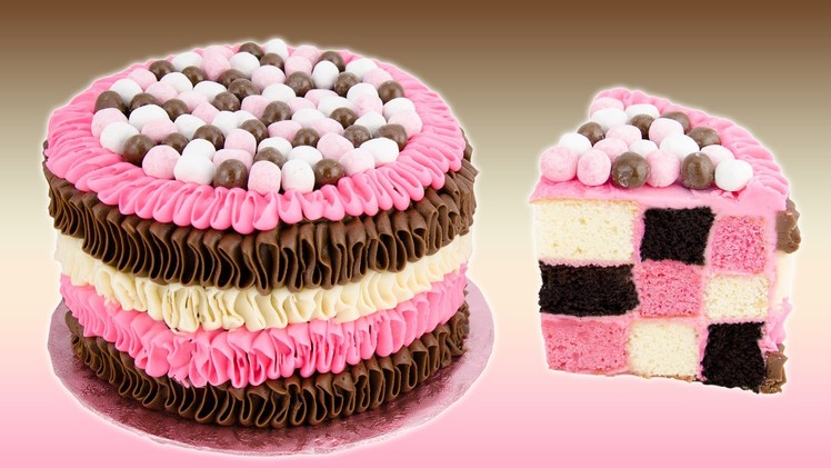 Checkerboard Neapolitan Cake Recipe from Cookies Cupcakes and Cardio