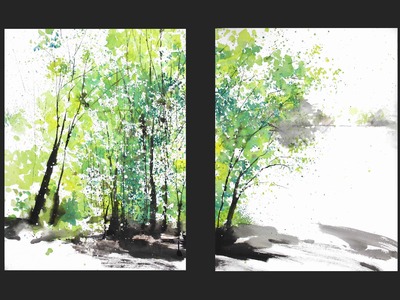 Diptych watercolor painting:  Spring Trees