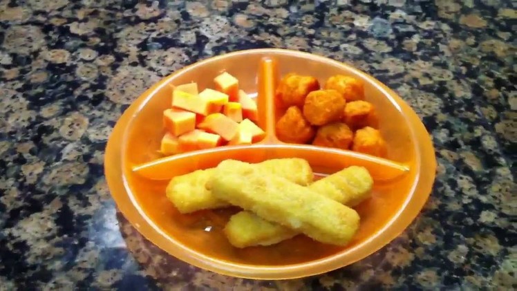Toddler Meal Idea: Fish Sticks with Sweet Potato Tots and Papaya