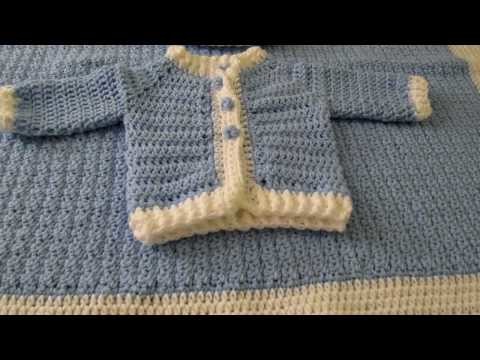 Crochet baby boy blanket, pillow, sweater and hat