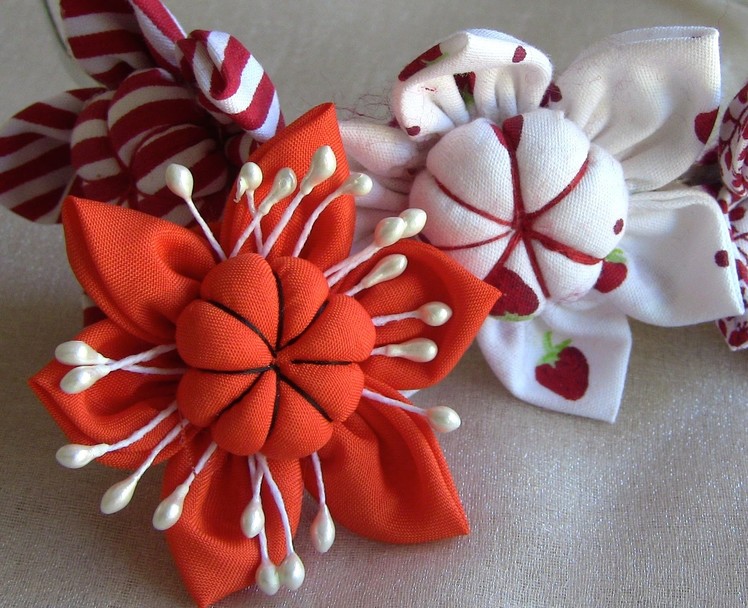 Flor em tecido com miolo acochoado-HOW TO MAKE ROLLED RIBBON ROSES- fabric flowers