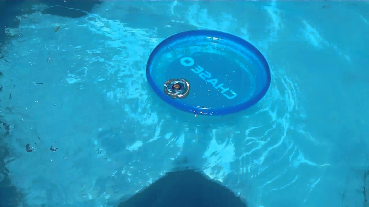 Experiment #2: Beyblade battle in a pool in a CHASE frisbee! Rock Leone vs Cyber Pegasus