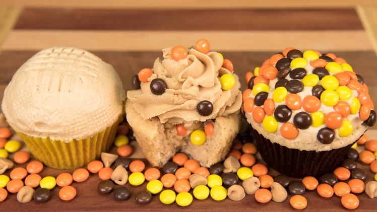 Candy Stuffed Peanut Butter Cupcakes with Peanut Butter Frosting from Cookies Cupcakes and Cardio