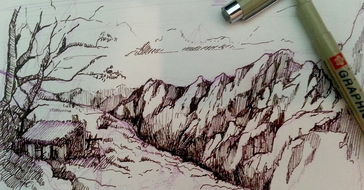 Pen and Ink Drawing Tutorials | How to draw a mountain landscape