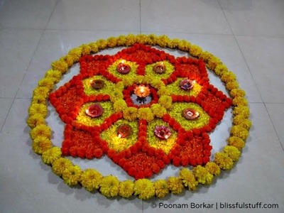 Diwali Special - Rangoli Design with marigold flowers and diya,How to make rangoli with flowers-VII