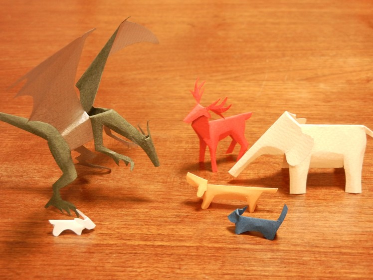 Dog, cat ,and dragon of Kiriorigami paper craft  ”Oblique crimp fold"