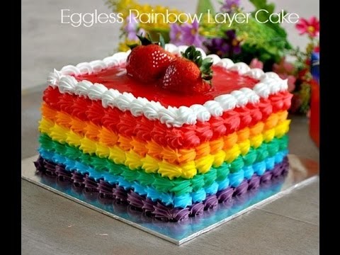 Simple Eggless Rainbow Layer Cake with Rainbow Frosting