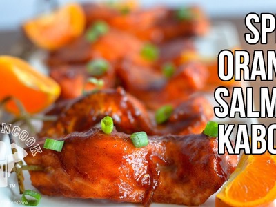Spicy Orange Glazed Baked Salmon Kabobs. Brochetas de Salmón con Salsa de Naranja