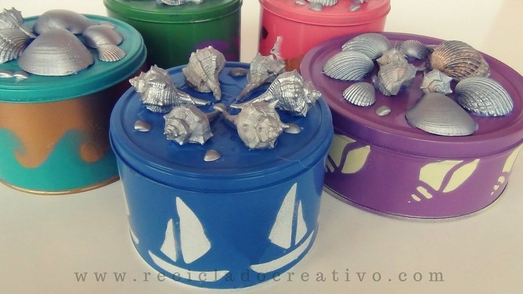 DIY Cajas de Galletas decoradas con motivos marineros. Cookie tin box painted (seaside patterns)