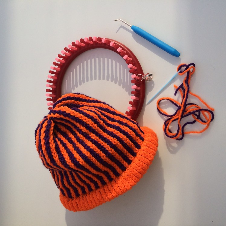 Halloween Hat with vertical stripes on KnitUK Knitting Loom. Children's Size