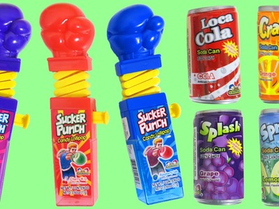 Kidsmania Sucker Punch and Soda Can Candy with Cherry Raspberry & Grape Lollipops!