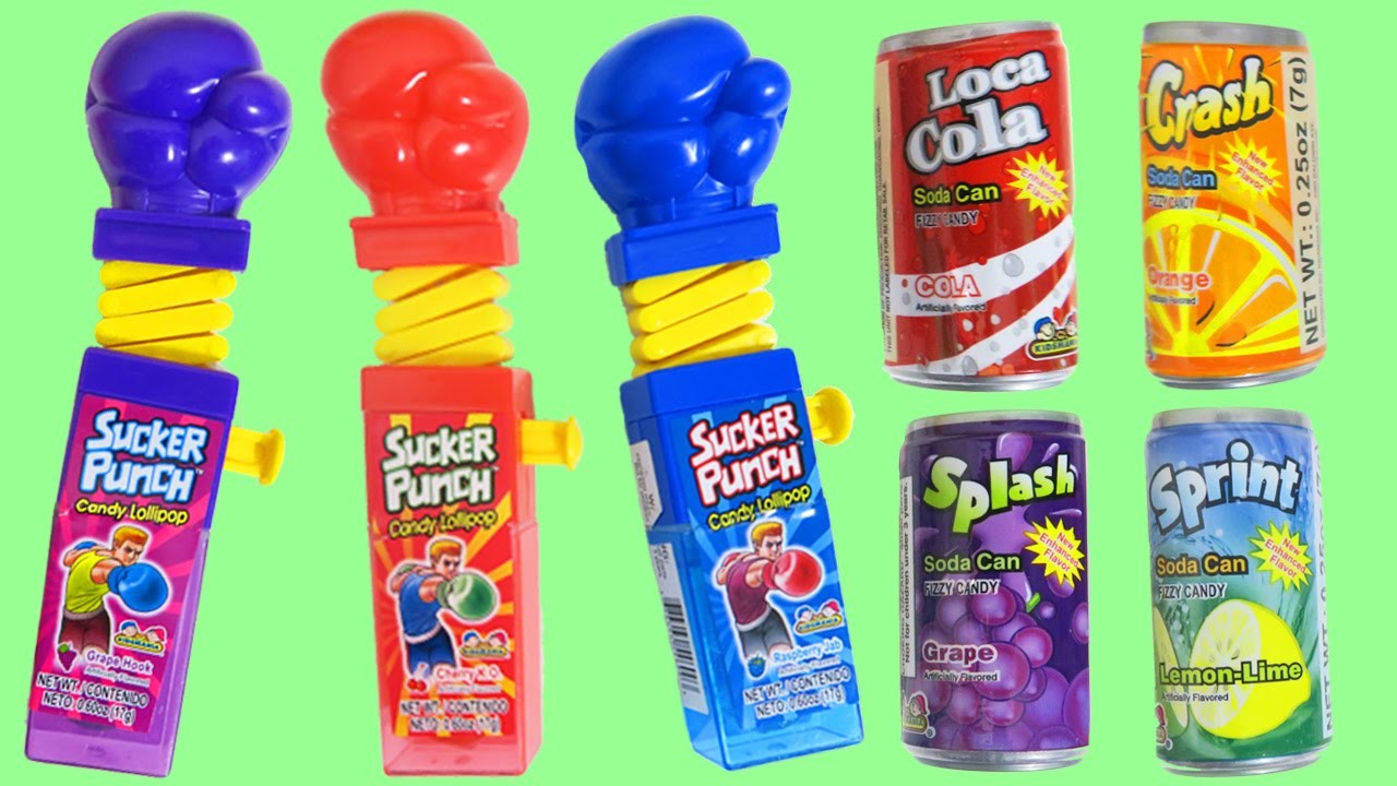 Kidsmania Sucker Punch and Soda Can Candy with Cherry Raspberry & Grape Lollipops!