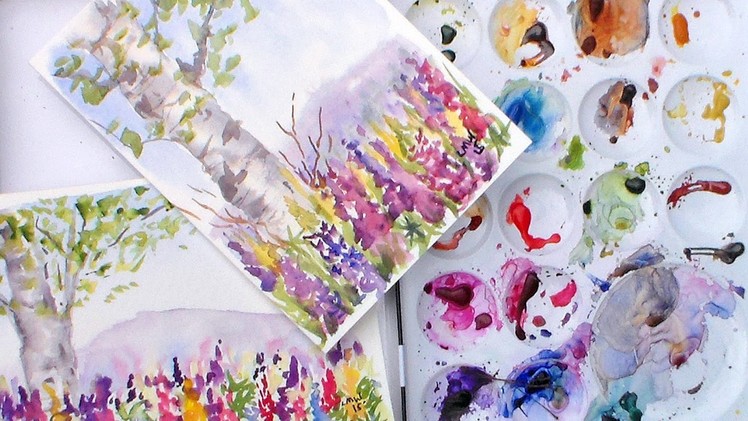 Birch Tree and Lupine Flowers watercolor tutorial