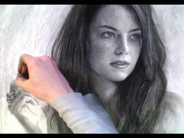 Elegant Emma Stone Portrait in Charcoal - with Soothing Music