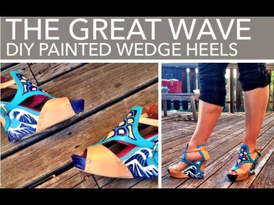 DIY hand-painted wedge heels: The Great Wave design
