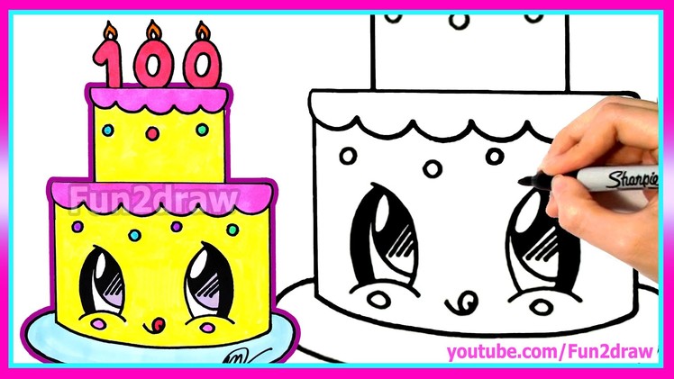 How To Draw and Color a Cute Cake Easy - 100 Million Views Celebration - Fun2draw