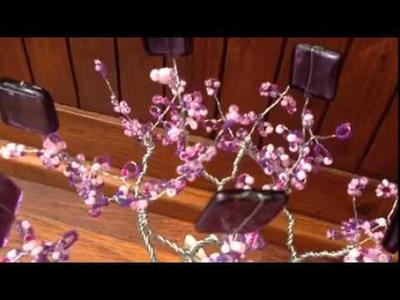 Wire Sculptured Tree with Pink and Purple Bead Leaves and large Glass Purple Flat Stones