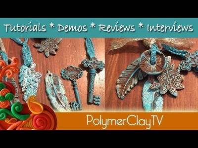 Polymer Clay Faux Patina Vintage Keys and Feathers Necklace