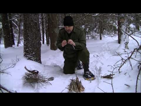 Flint and Steel Fire in the snow using the DIY bushcraft striker tool