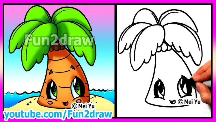 How to Draw Summer Cartoons - Cute Easy Beach Palm Tree - Fun2draw drawings